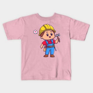 Cute Handyman Holding Hammer Cartoon Kids T-Shirt